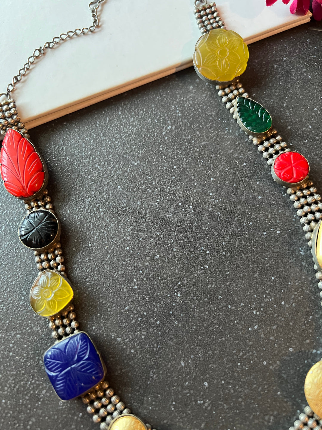 Vintage Artistic Long Necklace with Carved Stones