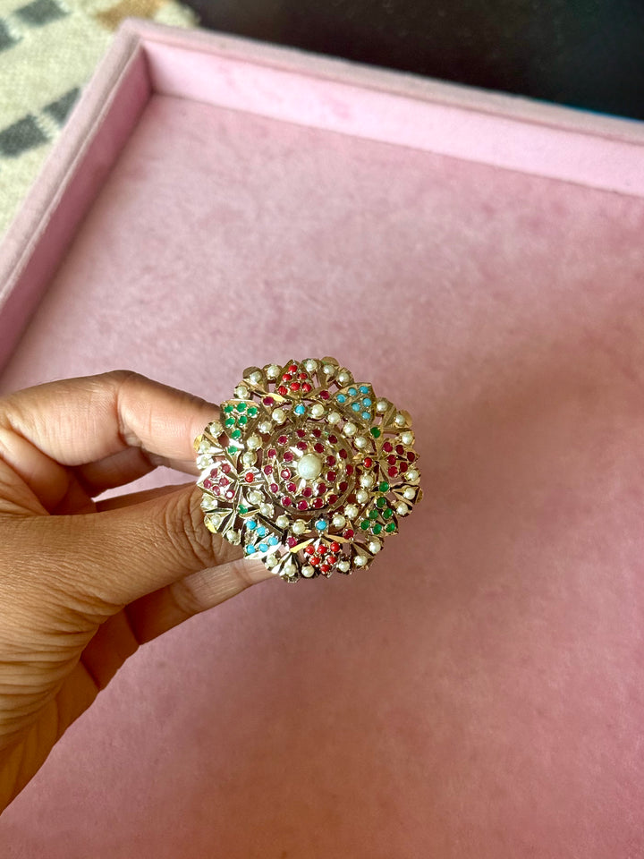 Statement Big Flower Jadau Ring | 18k Gold Plated | Copper & Semi-Precious Stones