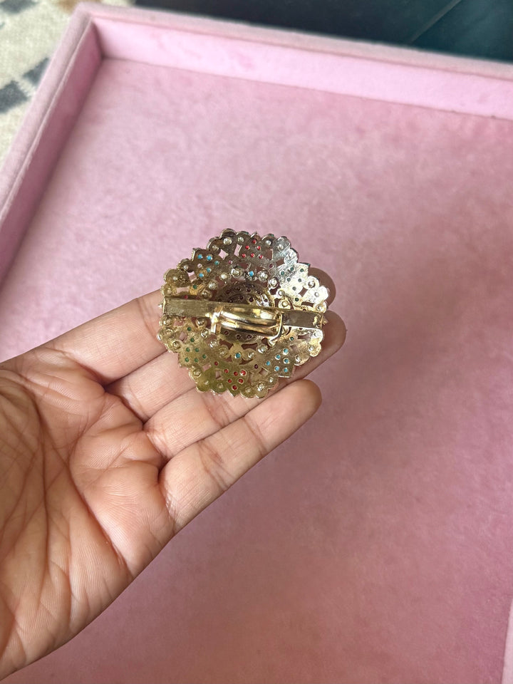 Statement Big Flower Jadau Ring | 18k Gold Plated | Copper & Semi-Precious Stones