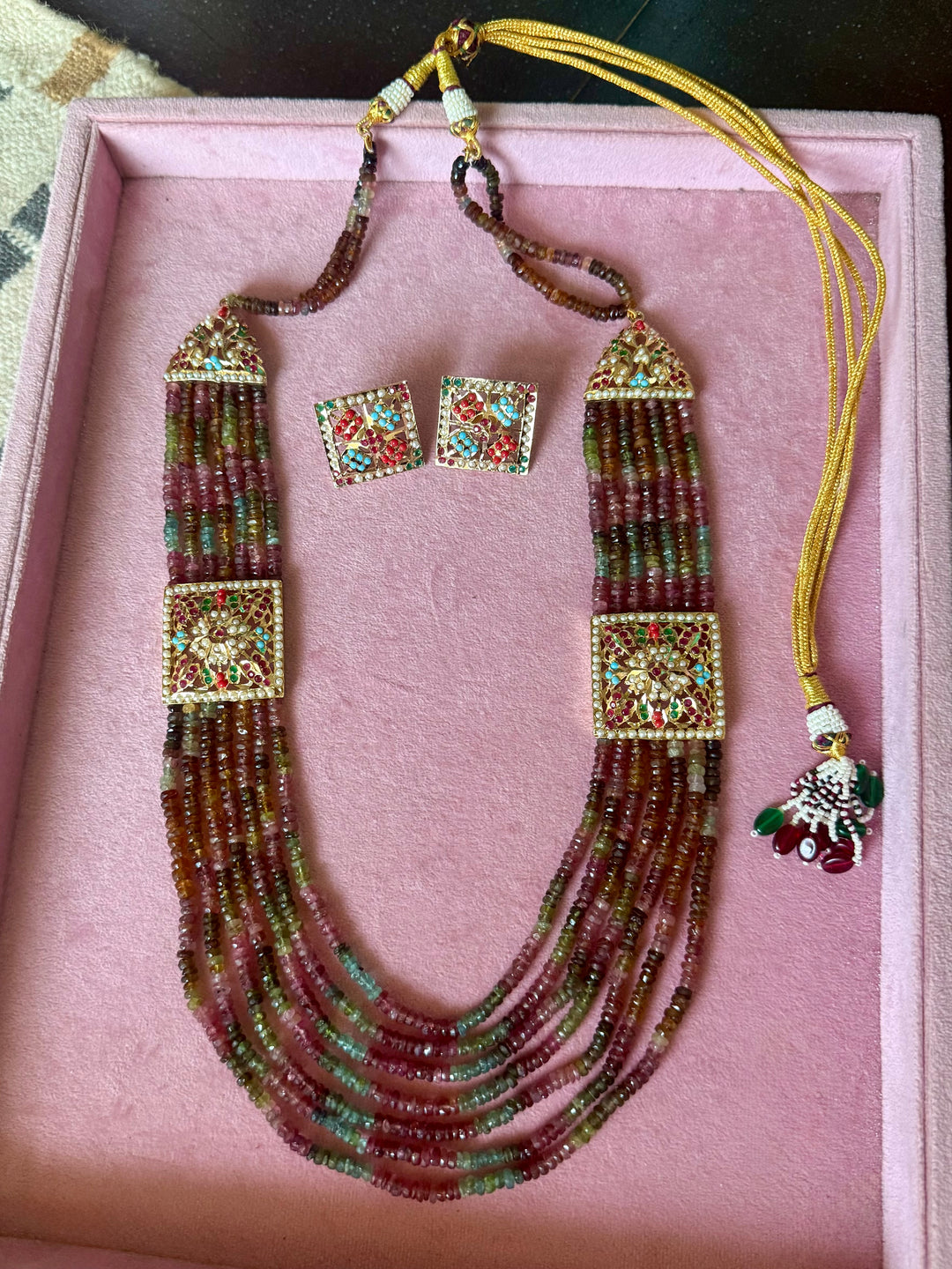 Handmade Jadau Tourmaline Necklace Set 18K Gold Plated | SHIVKA