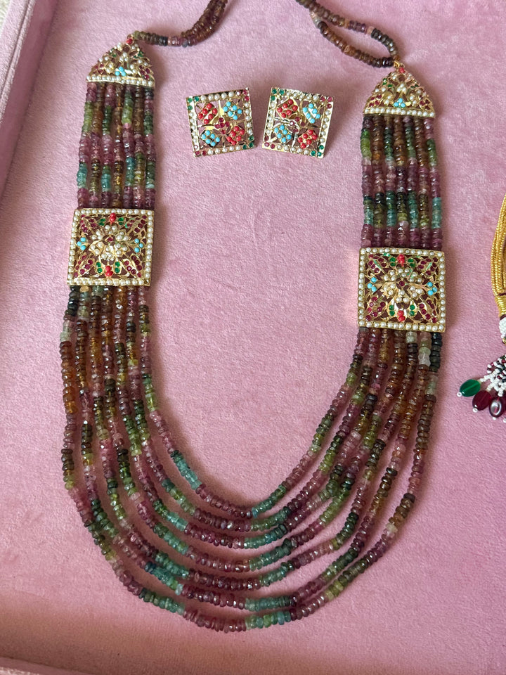 Handmade Jadau Tourmaline Necklace Set 18K Gold Plated | SHIVKA