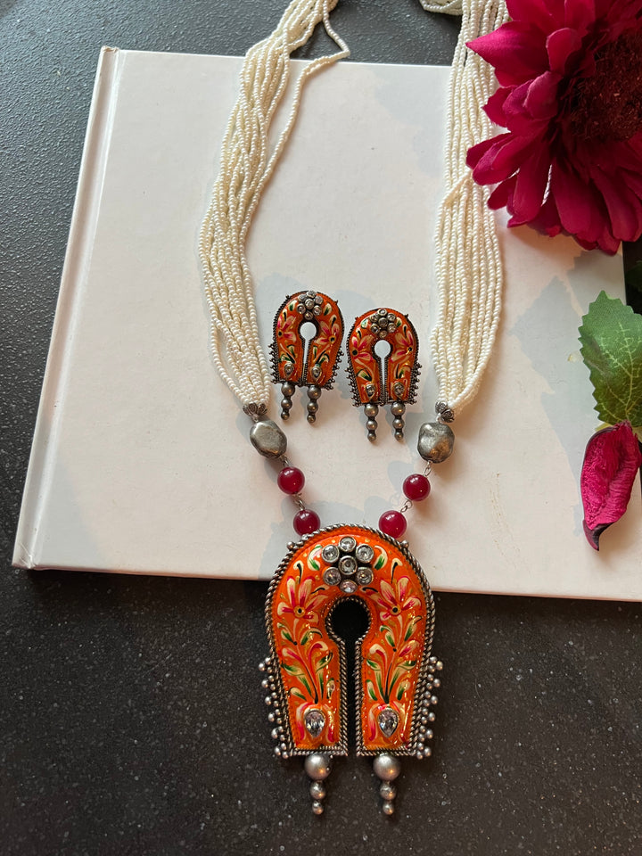 Tribal Handpainted Pendant Necklace with Statement Earrings