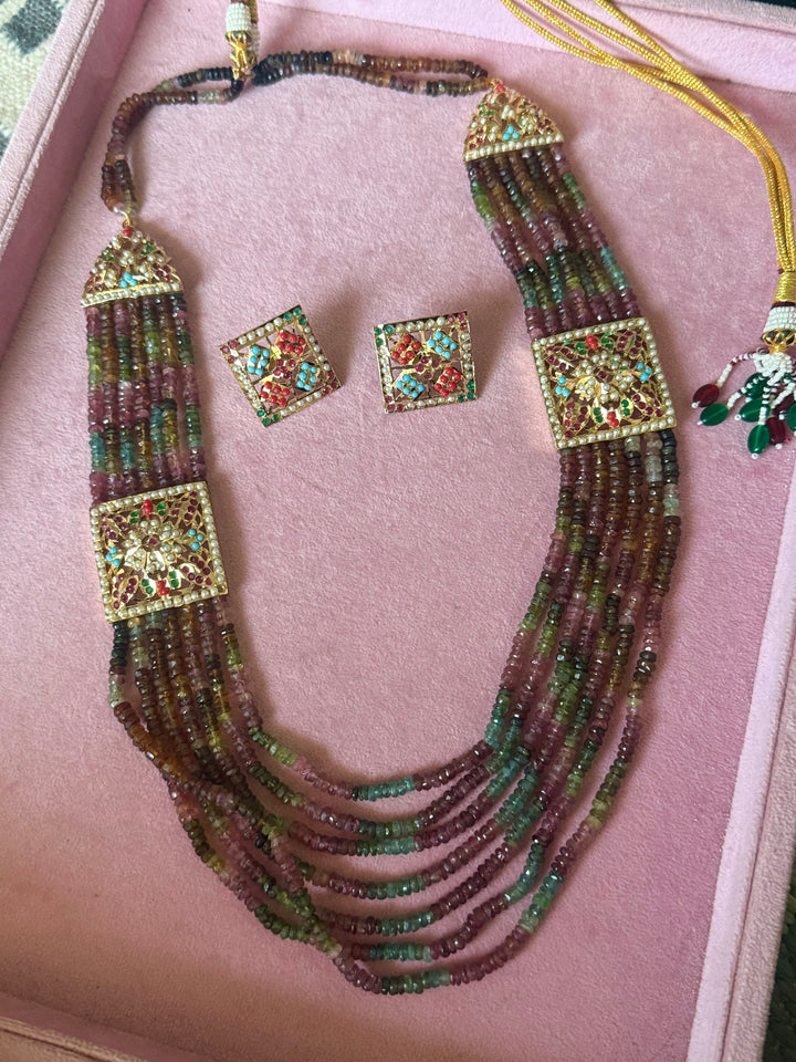 Handmade Jadau Tourmaline Necklace Set 18K Gold Plated | SHIVKA