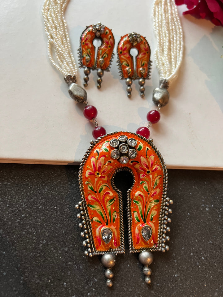 Tribal Handpainted Pendant Necklace with Statement Earrings