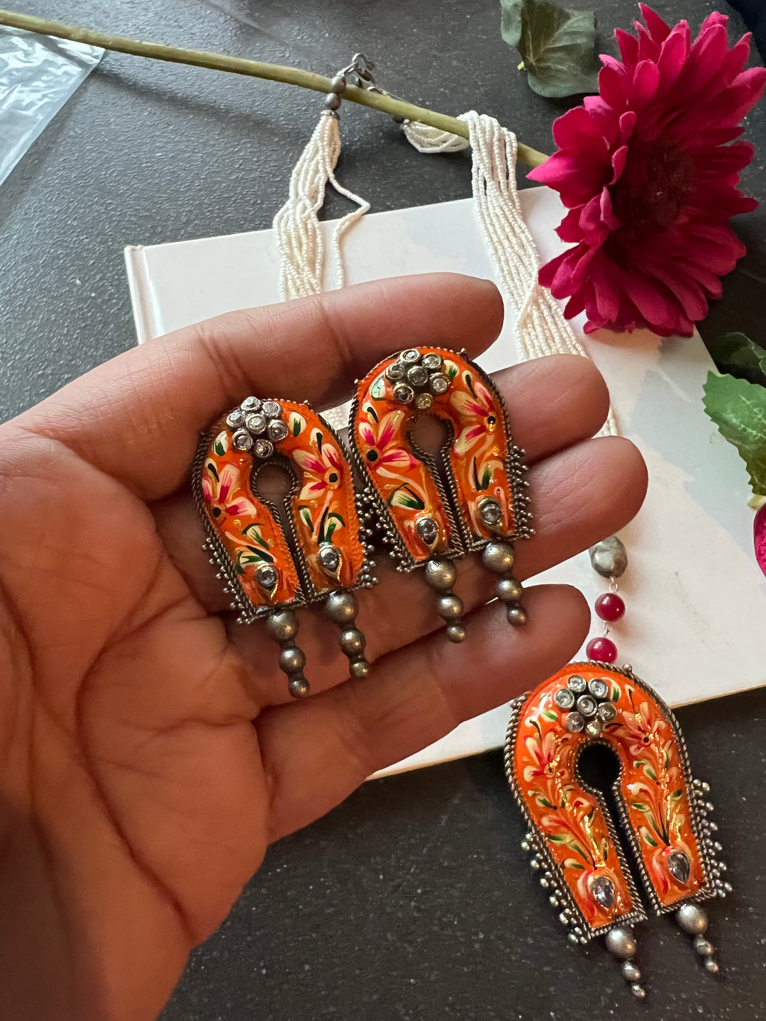 Tribal Handpainted Pendant Necklace with Statement Earrings