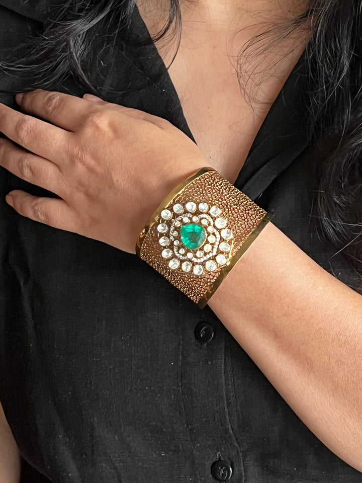 Exquisite 925 Silver Kundan Cuff Bracelet - Handcrafted by SHIVKA