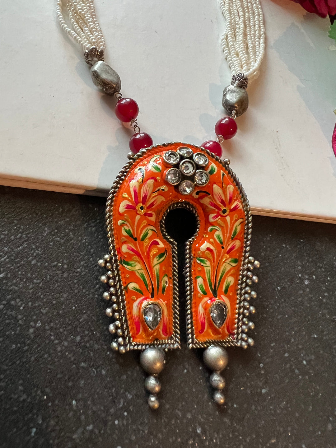 Tribal Handpainted Pendant Necklace with Statement Earrings
