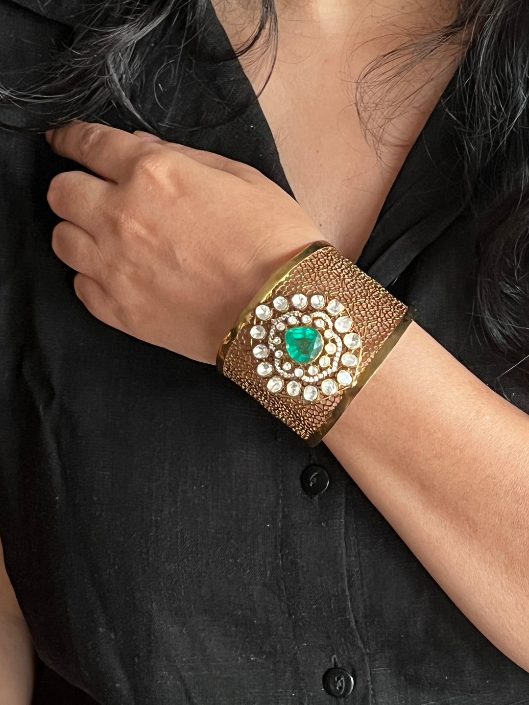 Exquisite 925 Silver Kundan Cuff Bracelet - Handcrafted by SHIVKA