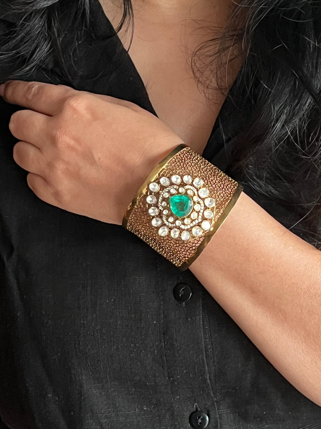 Exquisite 925 Silver Kundan Cuff Bracelet - Handcrafted by SHIVKA