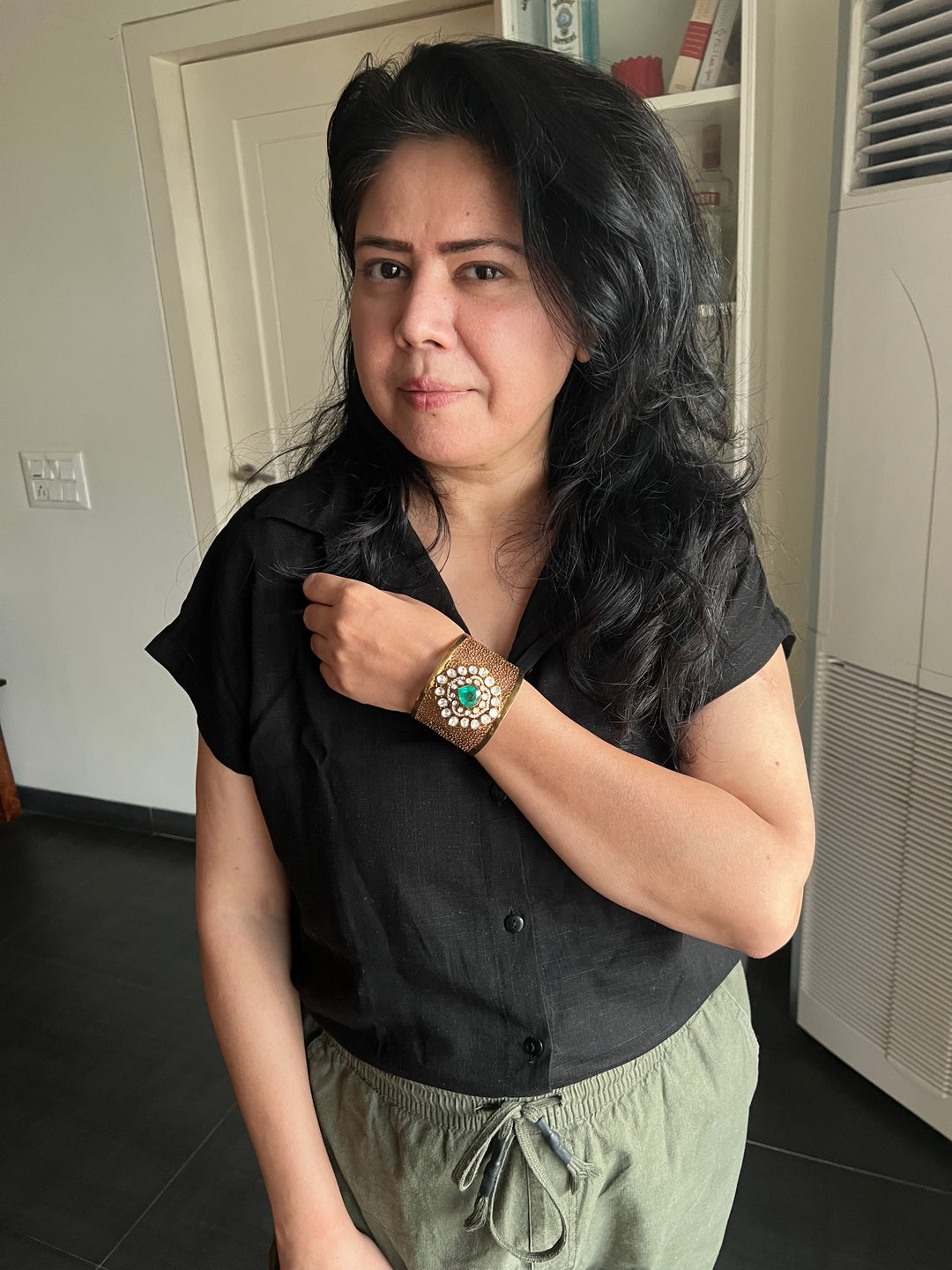 Exquisite 925 Silver Kundan Cuff Bracelet - Handcrafted by SHIVKA