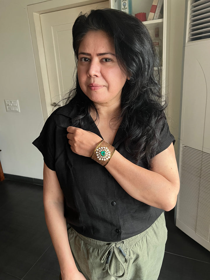 Exquisite 925 Silver Kundan Cuff Bracelet - Handcrafted by SHIVKA