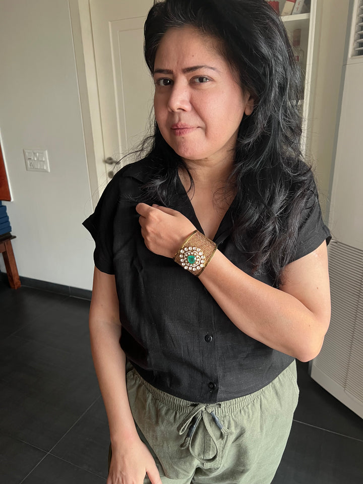 Exquisite 925 Silver Kundan Cuff Bracelet - Handcrafted by SHIVKA