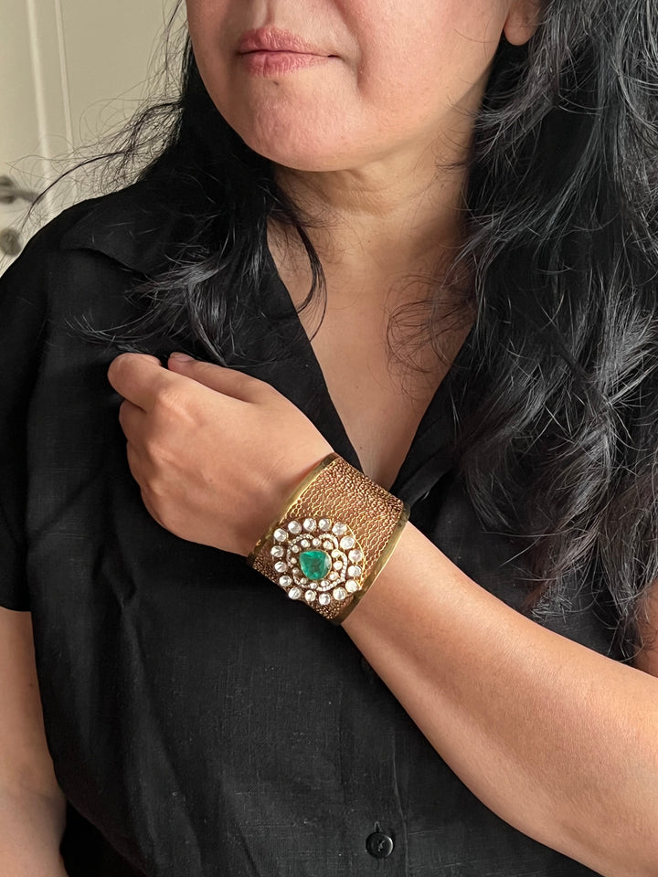 Exquisite 925 Silver Kundan Cuff Bracelet - Handcrafted by SHIVKA