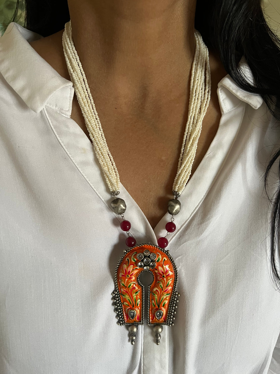 Tribal Handpainted Pendant Necklace with Statement Earrings