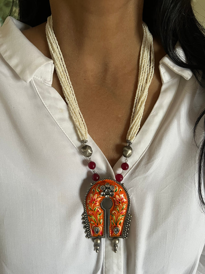 Tribal Handpainted Pendant Necklace with Statement Earrings