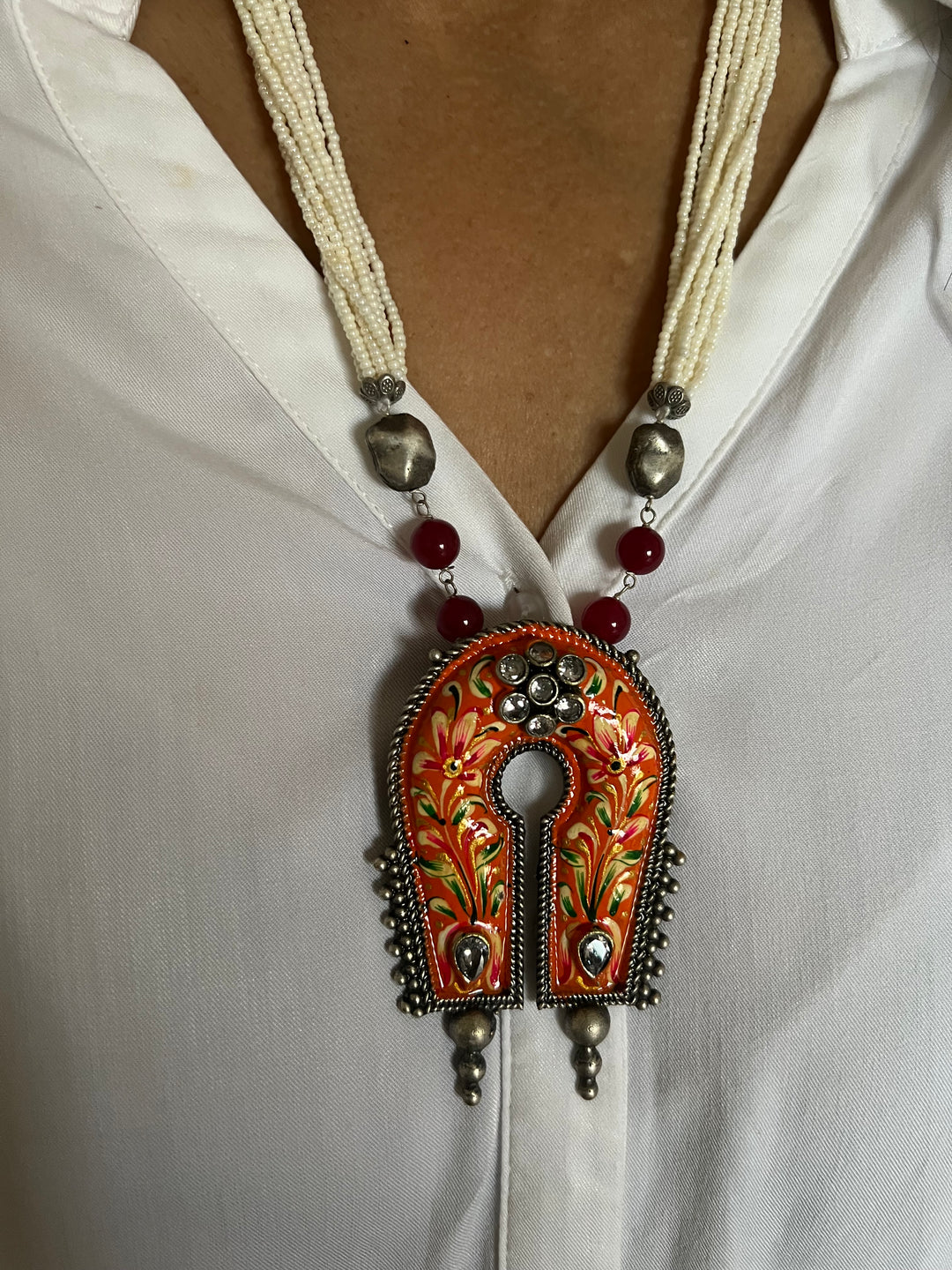 Tribal Handpainted Pendant Necklace with Statement Earrings