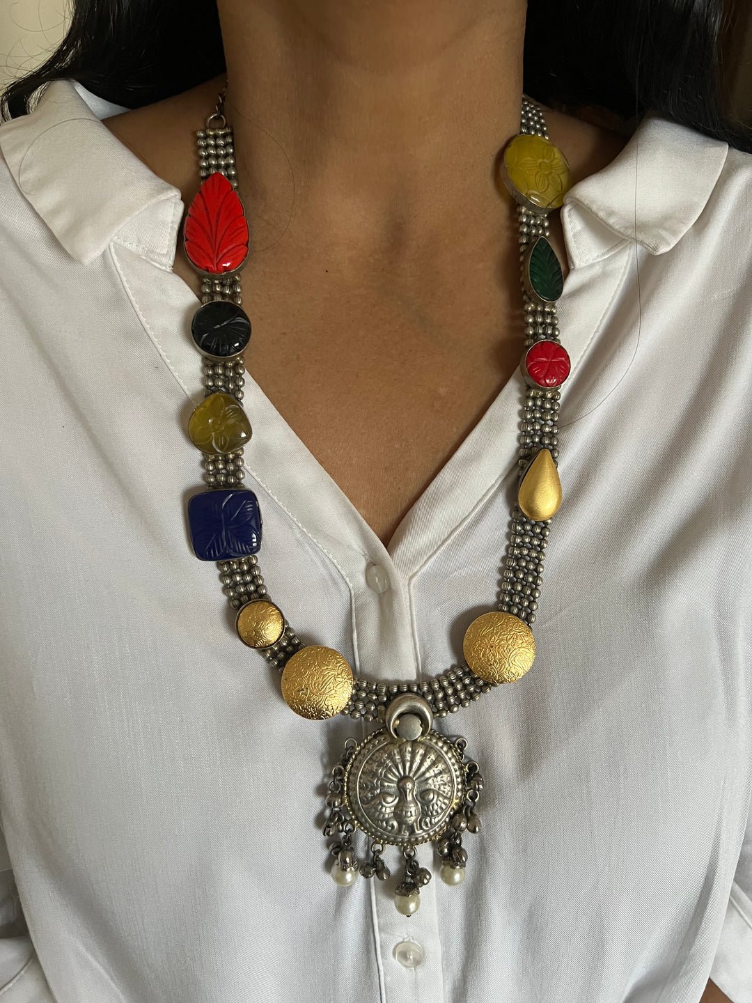 Vintage Artistic Long Necklace with Carved Stones