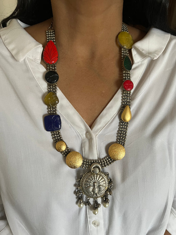 Vintage Artistic Long Necklace with Carved Stones