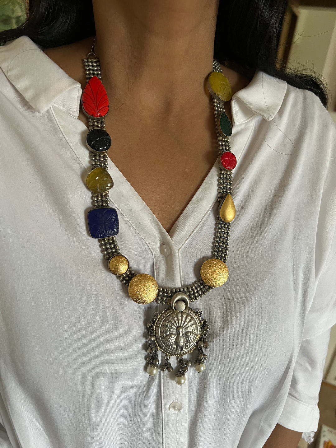 Vintage Artistic Long Necklace with Carved Stones