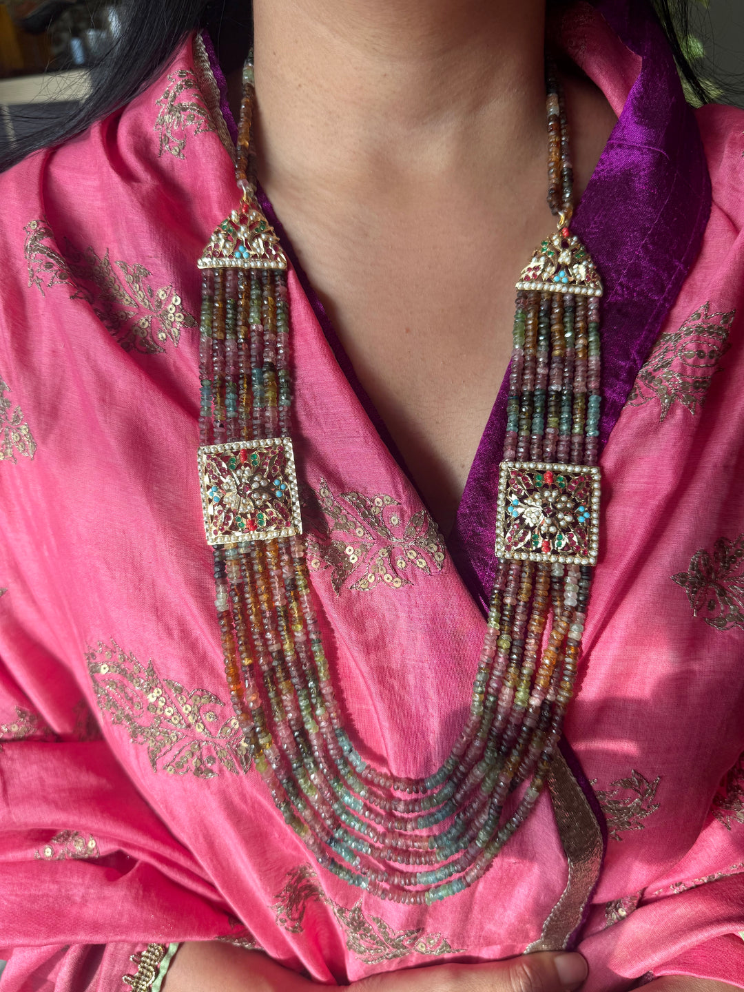 Handmade Jadau Tourmaline Necklace Set 18K Gold Plated | SHIVKA