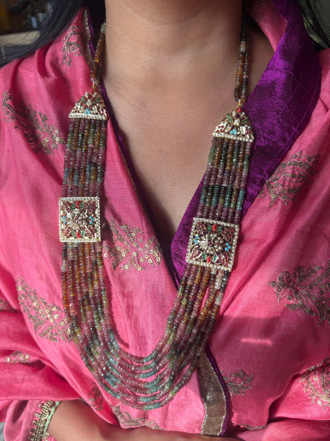 Handmade Jadau Tourmaline Necklace Set 18K Gold Plated | SHIVKA