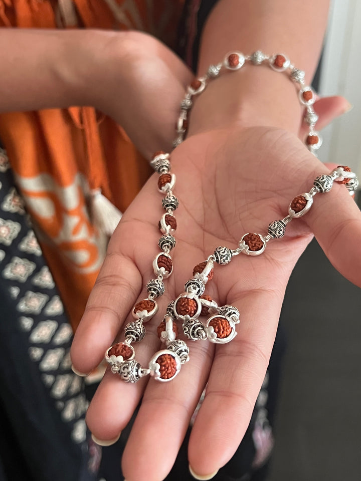 Handmade 925 Silver Necklace with Real Rudraksh & OM Beads | Spiritual Jewelry by SHIVKA