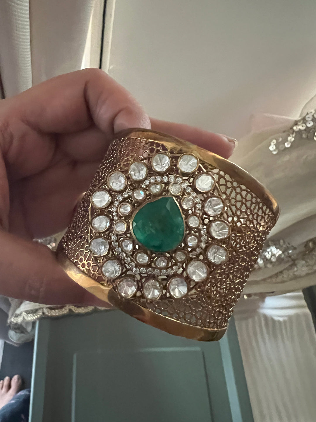 Exquisite 925 Silver Kundan Cuff Bracelet - Handcrafted by SHIVKA