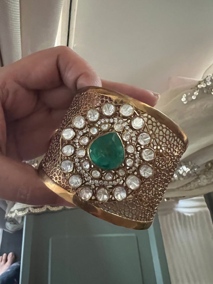 Exquisite 925 Silver Kundan Cuff Bracelet - Handcrafted by SHIVKA