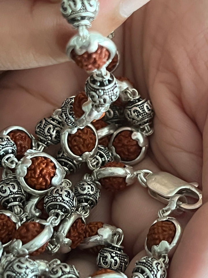Handmade 925 Silver Necklace with Real Rudraksh & OM Beads | Spiritual Jewelry by SHIVKA