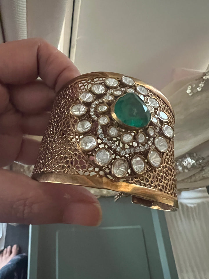 Exquisite 925 Silver Kundan Cuff Bracelet - Handcrafted by SHIVKA