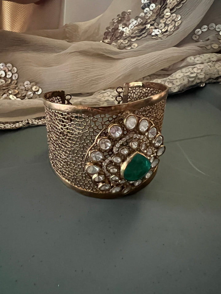 Exquisite 925 Silver Kundan Cuff Bracelet - Handcrafted by SHIVKA