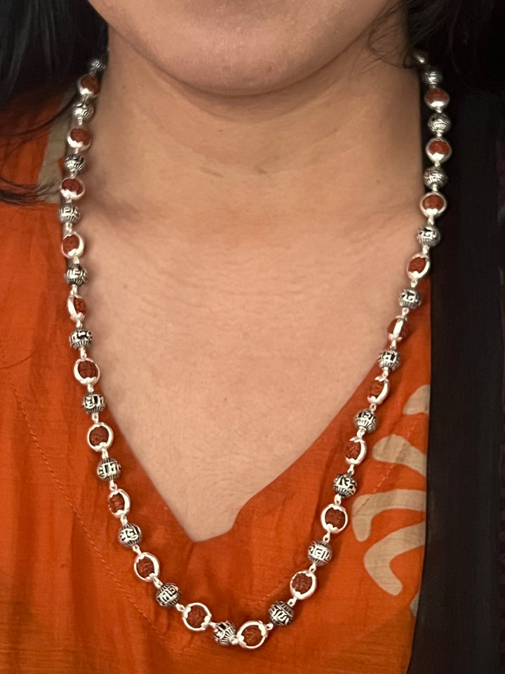 Handmade 925 Silver Necklace with Real Rudraksh & “Om Namah Shivay” Beads