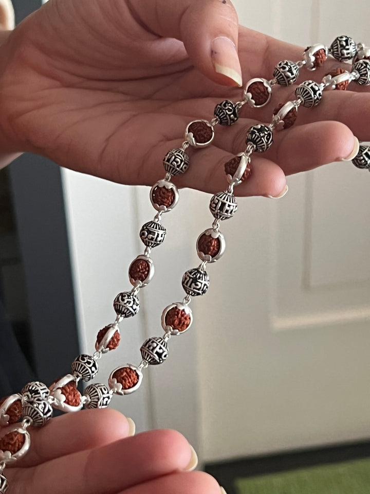 Handmade 925 Silver Necklace with Real Rudraksh & “Om Namah Shivay” Beads