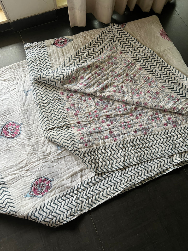 Double Bed Jaipur Quilt/ Queen Bed Jaipur Quilt/ Pure Cotton Quilt/ Hand Block Printed Quilt