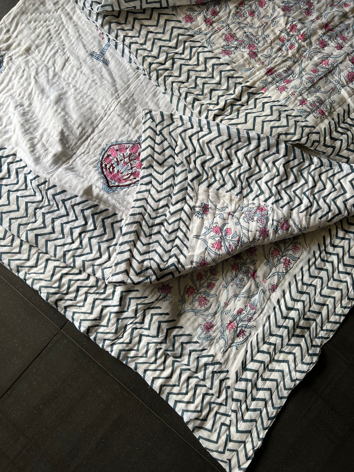 Double Bed Jaipur Quilt/ Queen Bed Jaipur Quilt/ Pure Cotton Quilt/ Hand Block Printed Quilt