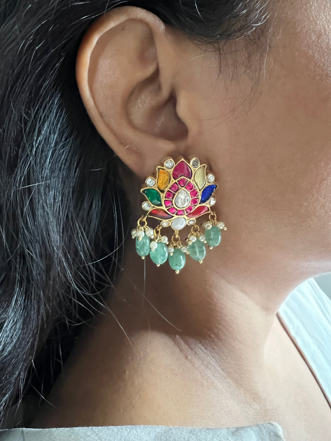 Elegant Jadau Kundan Navratna Earrings
