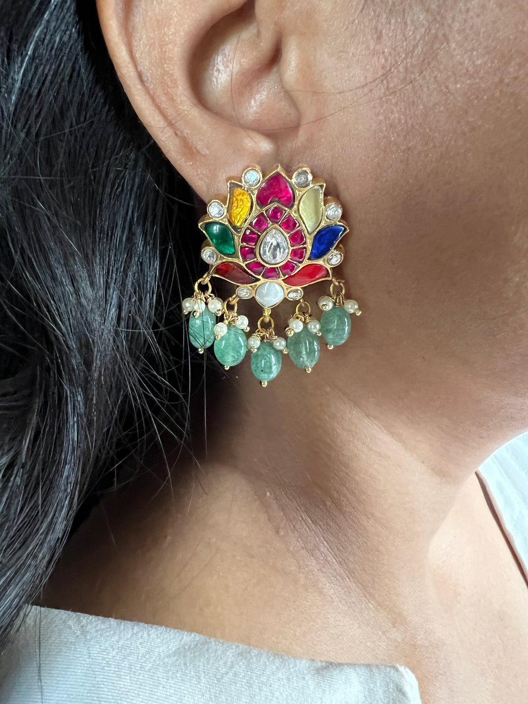 Elegant Jadau Kundan Navratna Earrings