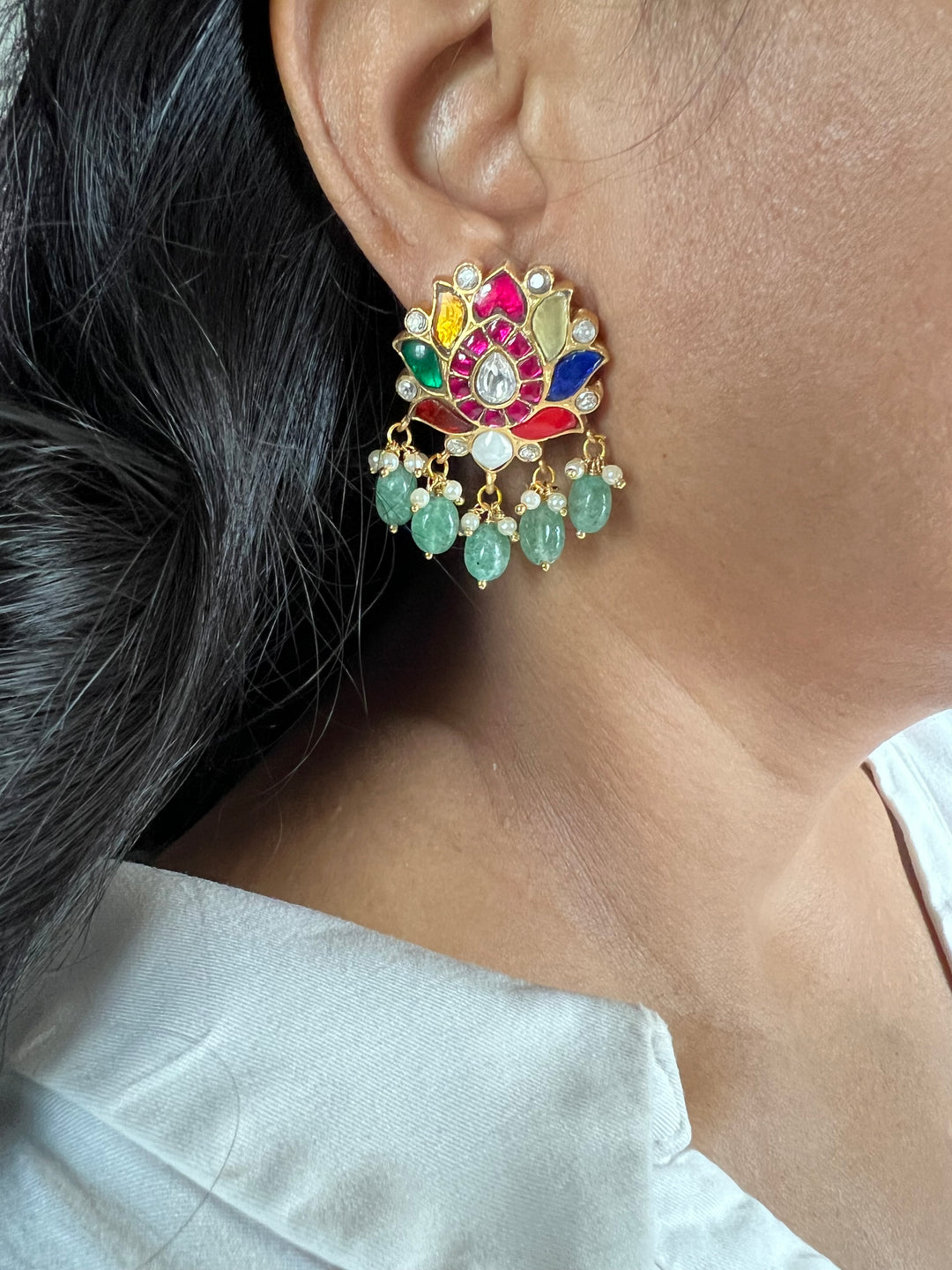 Elegant Jadau Kundan Navratna Earrings