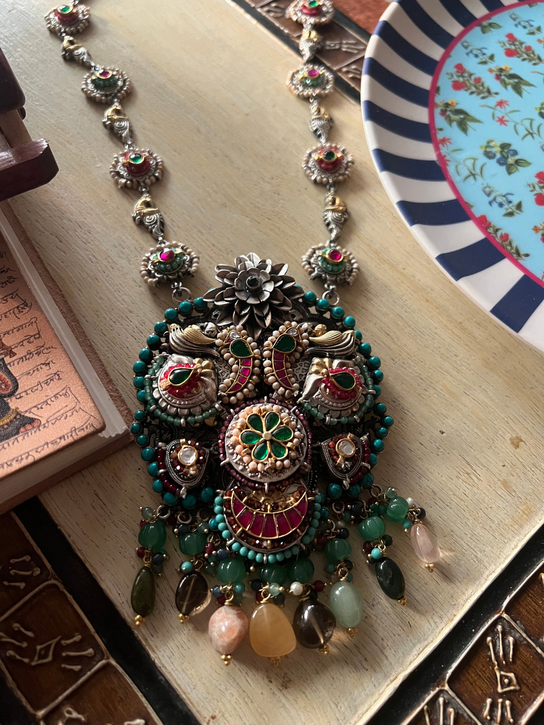 Handmade 925 Silver Multi Gemstone Kundan Long Necklace Set | SHIVKA