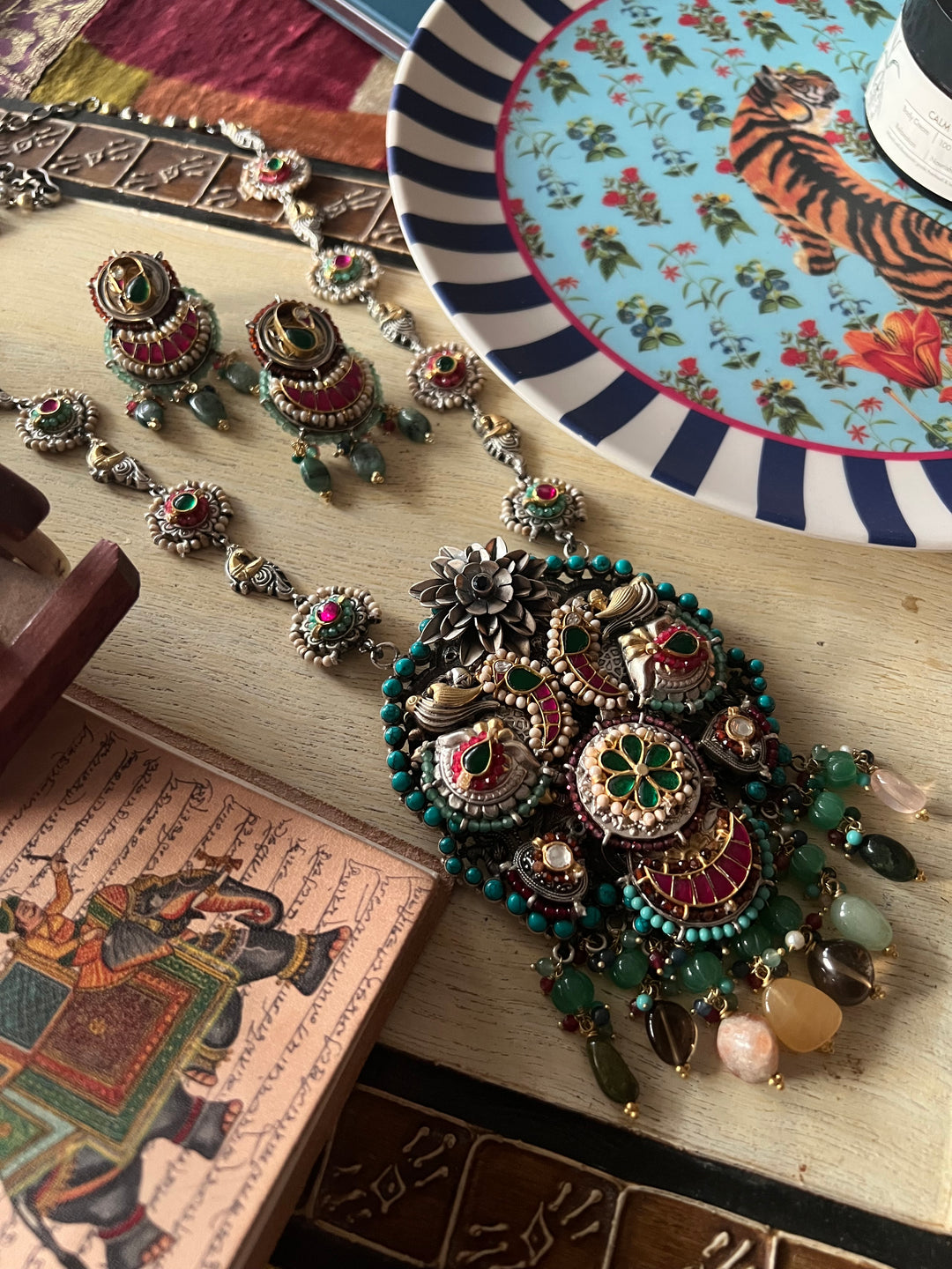 Handmade 925 Silver Multi Gemstone Kundan Long Necklace Set | SHIVKA