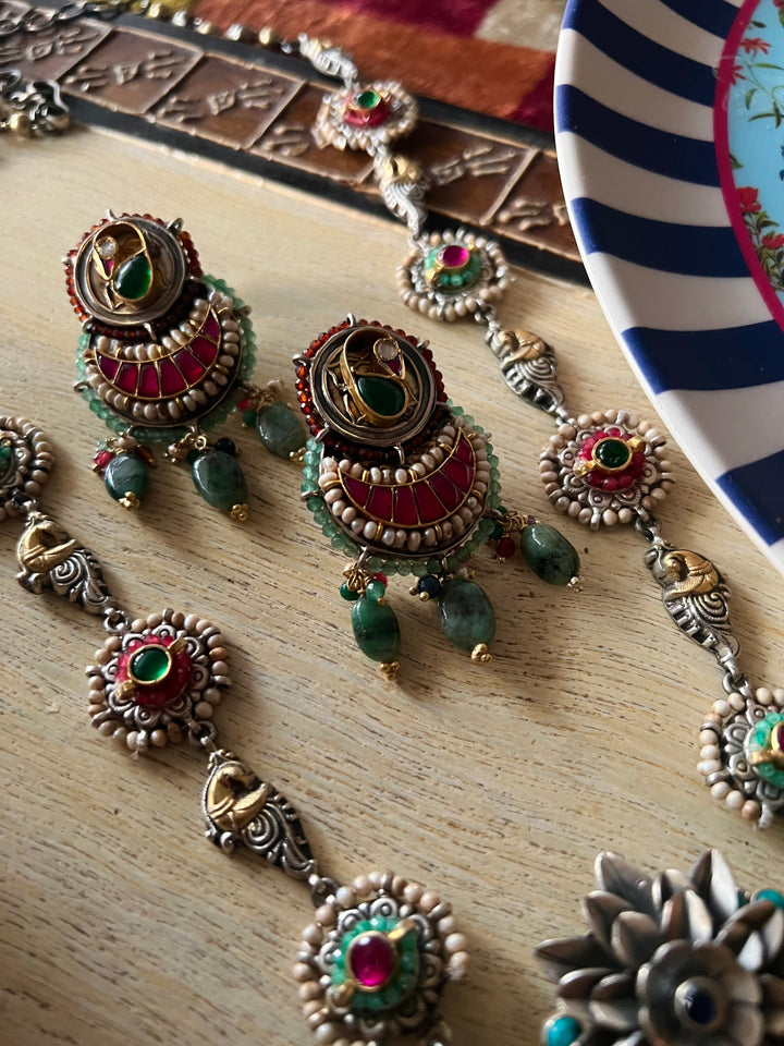 Handmade 925 Silver Multi Gemstone Kundan Long Necklace Set | SHIVKA