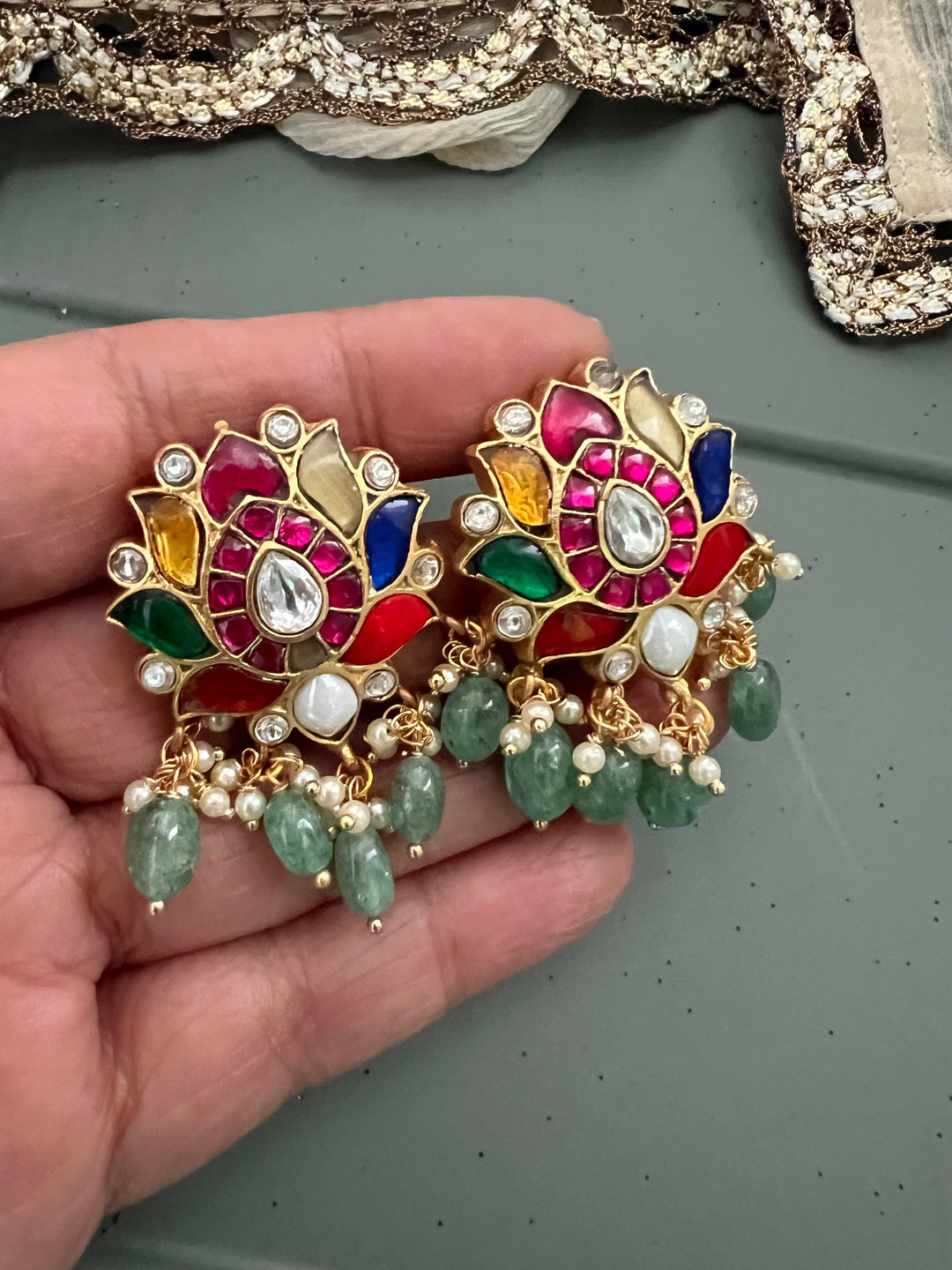 Elegant Jadau Kundan Navratna Earrings