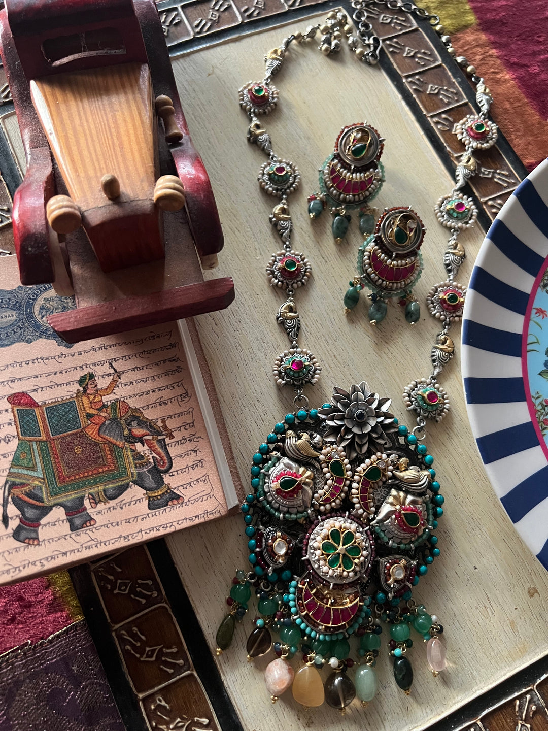 Handmade 925 Silver Multi Gemstone Kundan Long Necklace Set | SHIVKA