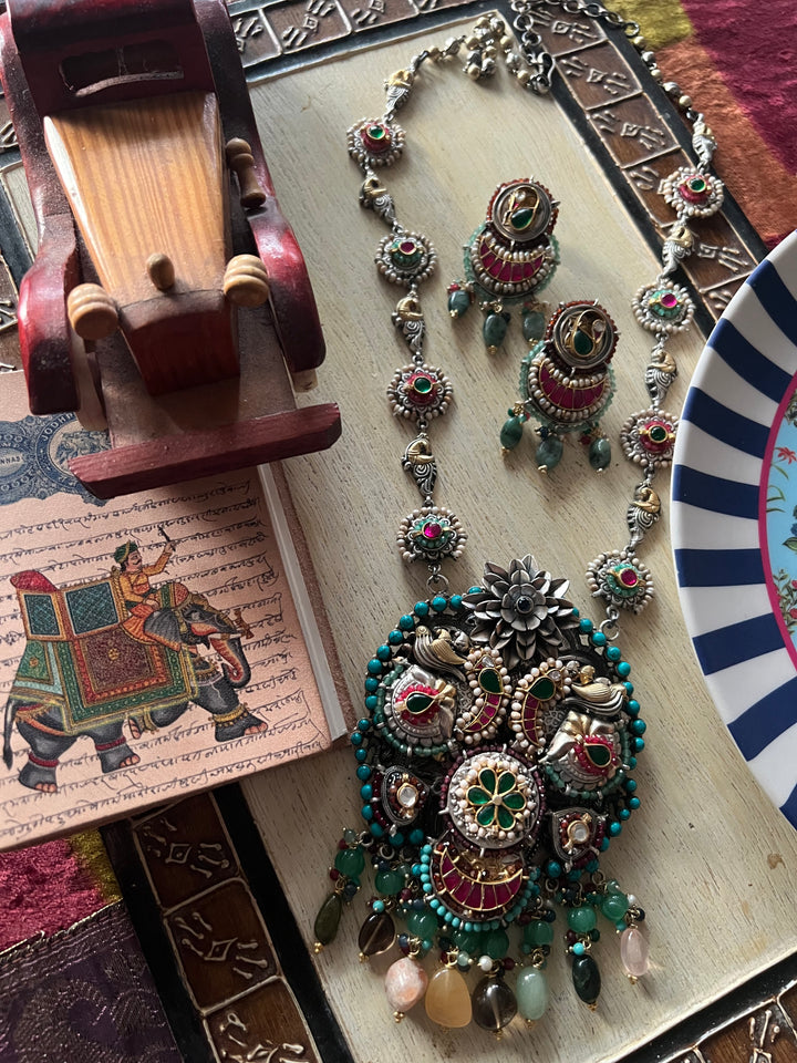 Handmade 925 Silver Multi Gemstone Kundan Long Necklace Set | SHIVKA