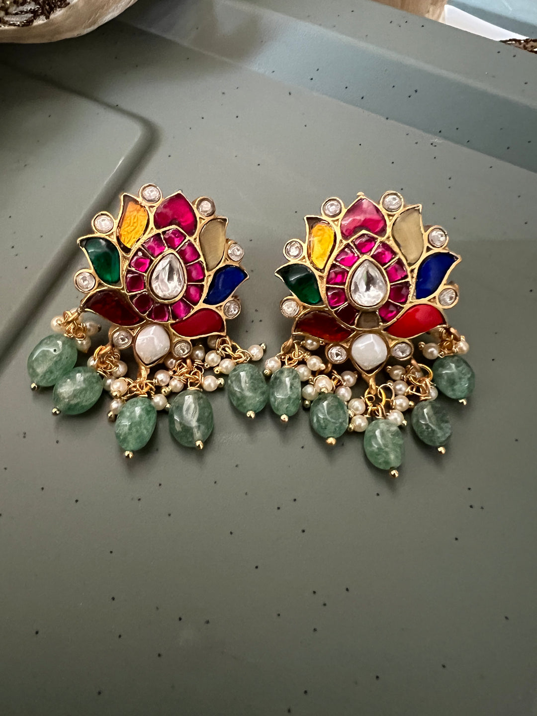 Elegant Jadau Kundan Navratna Earrings