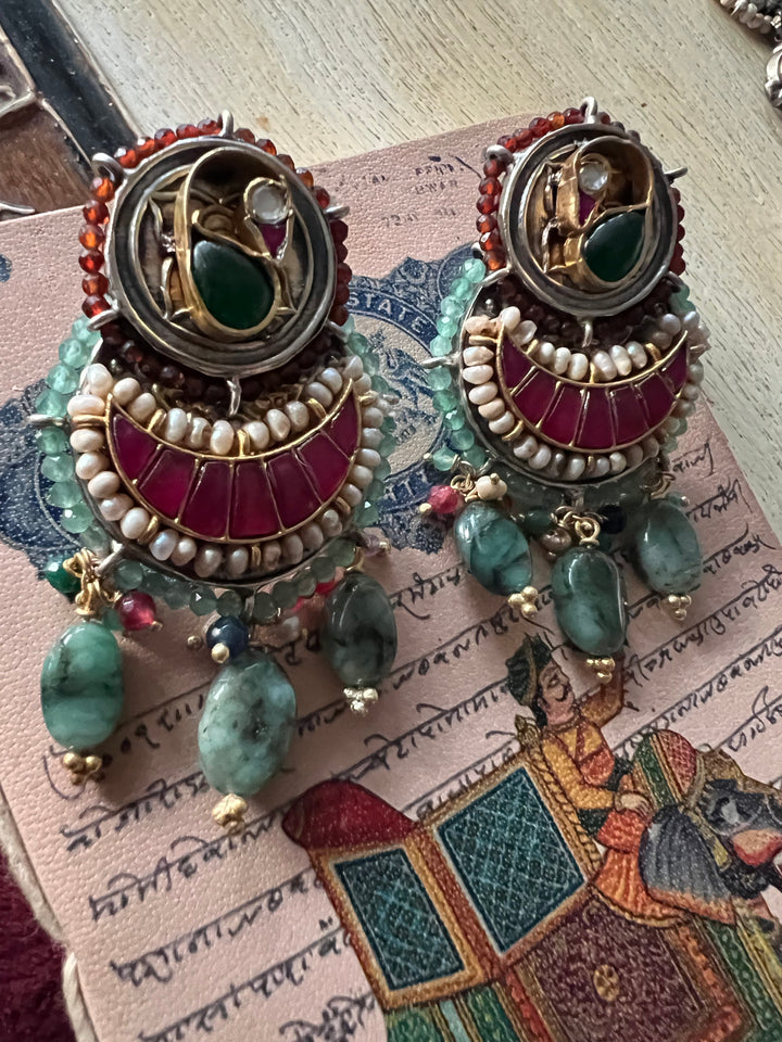 Handmade 925 Silver Multi Gemstone Kundan Long Necklace Set | SHIVKA