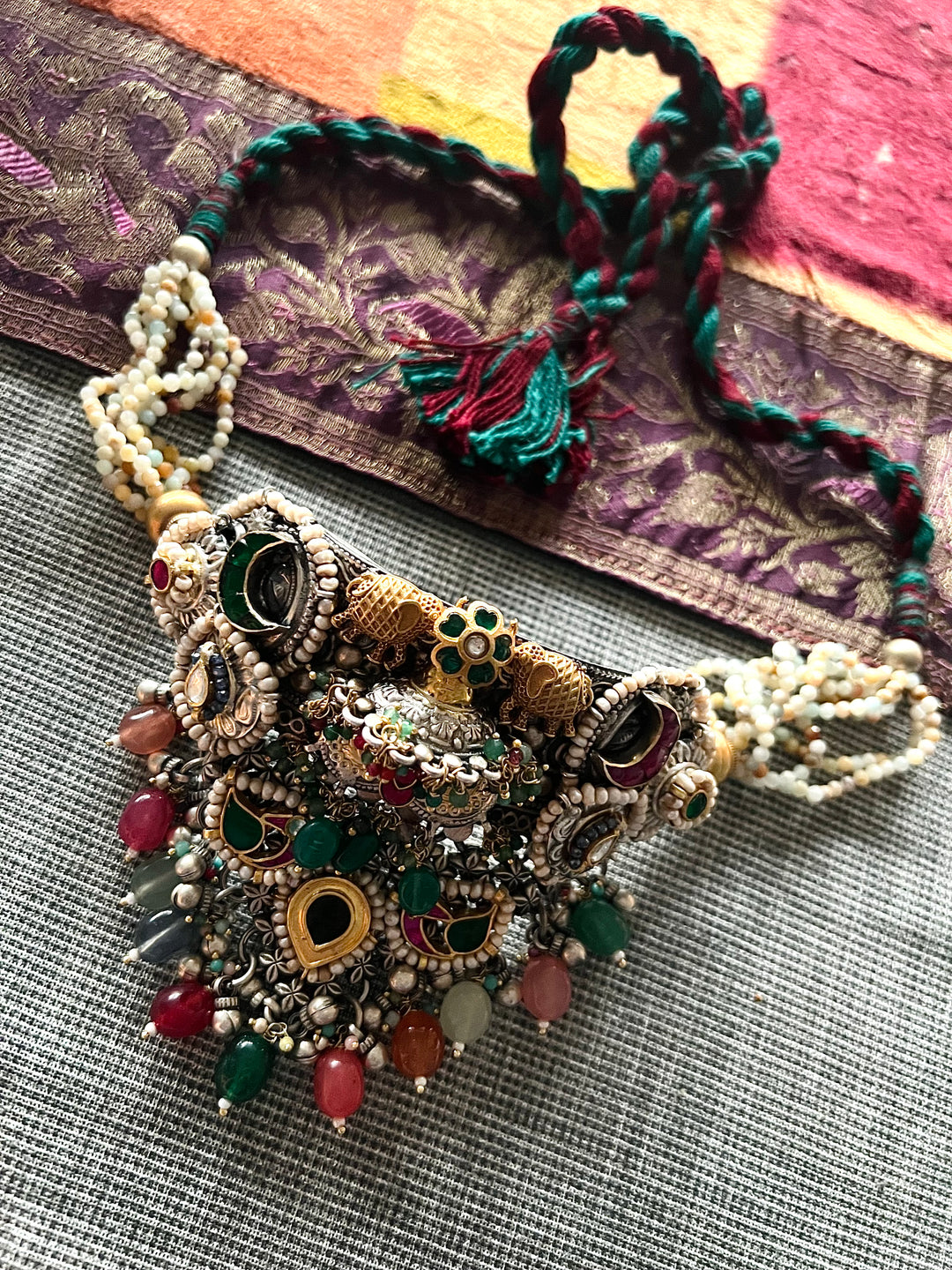 Handmade 925 Silver Multi Gemstone Kundan Fusion Choker Set | SHIVKA