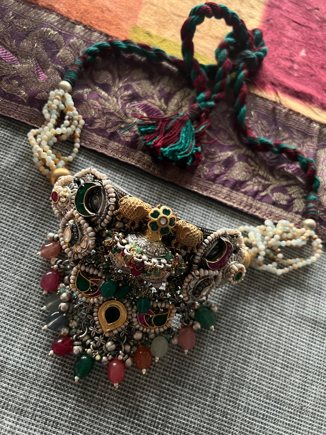 Handmade 925 Silver Multi Gemstone Kundan Fusion Choker Set | SHIVKA