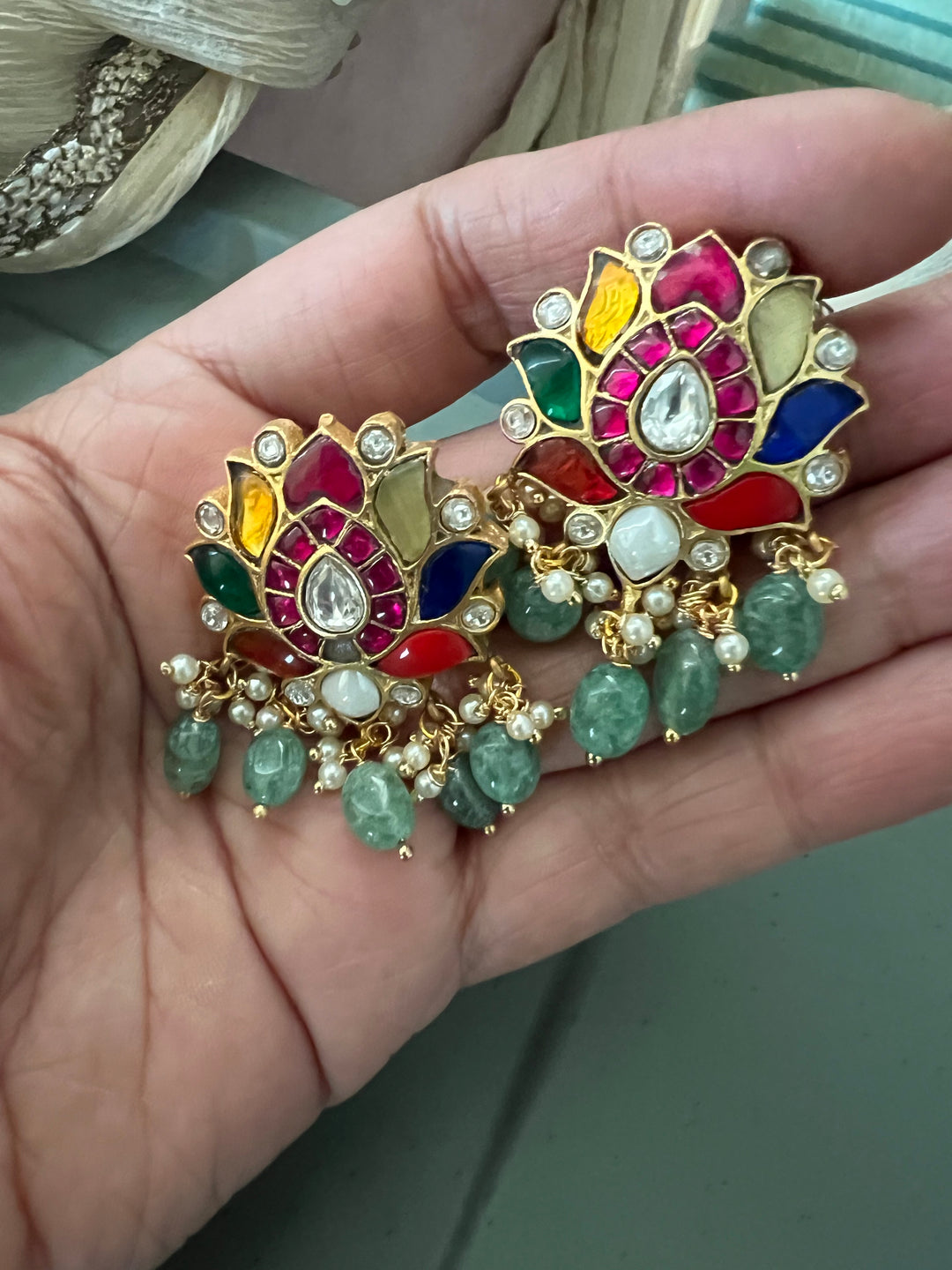 Elegant Jadau Kundan Navratna Earrings