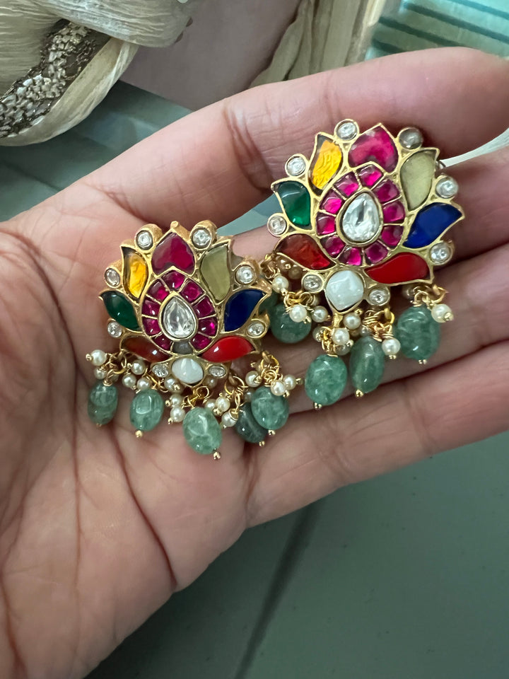 Elegant Jadau Kundan Navratna Earrings